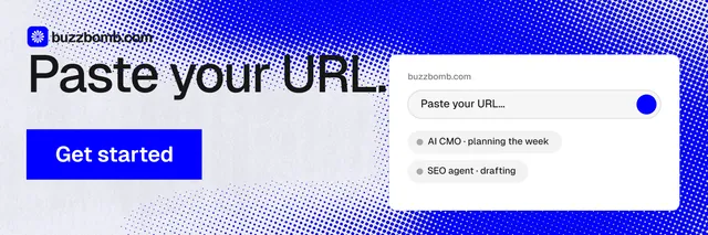 X header for BuzzBomb: "Paste your URL." Swiss style, skeleton layout, light palette in white, blue.