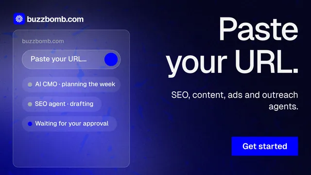 Landscape graphic for BuzzBomb: "Paste your URL." Swiss style, right layout, dark palette in black, blue.