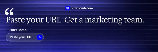 X header for BuzzBomb: "Get a marketing team." Agentic glass style, quote layout, dark palette in blue, black.