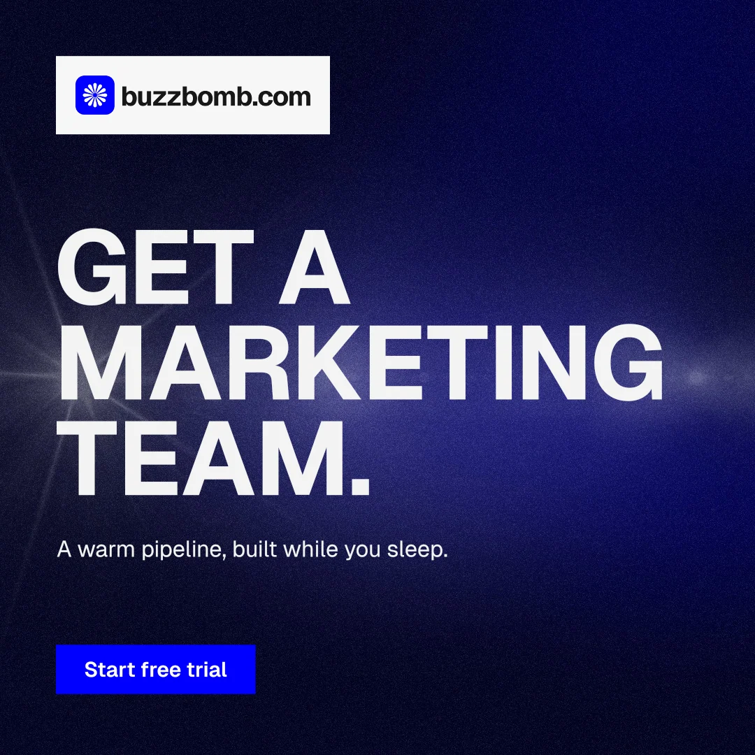 Instagram post for BuzzBomb: "Get a marketing team." Swiss style, announce layout, dark palette in black, blue, grey.
