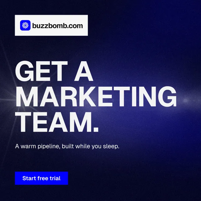 Instagram post for BuzzBomb: "Get a marketing team." Swiss style, announce layout, dark palette in black, blue, grey.