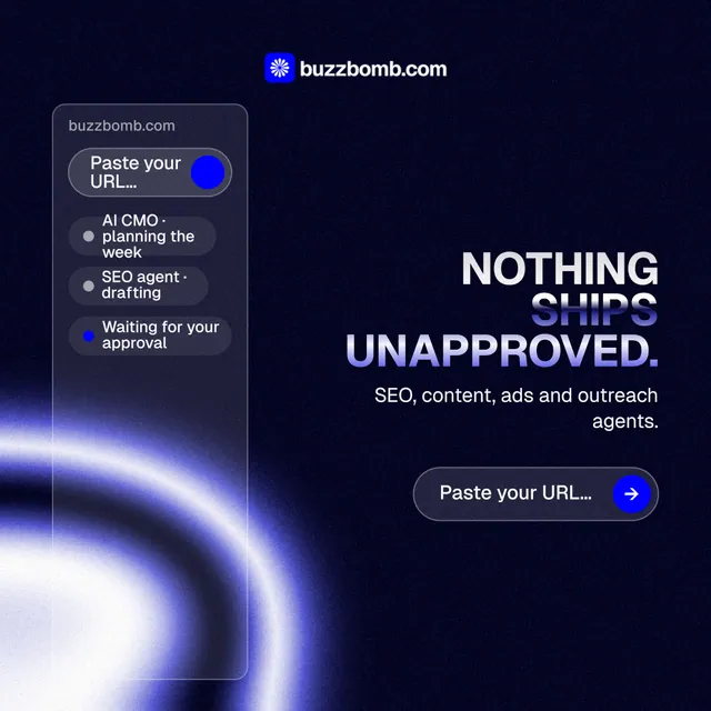 Instagram post for BuzzBomb: "Nothing ships unapproved." Agentic glass style, right layout, dark palette in black, blue.