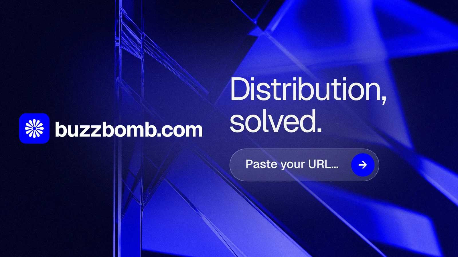 Landscape graphic for BuzzBomb: "Distribution, solved." Agentic glass style, logo hero layout, dark palette in black, blue.