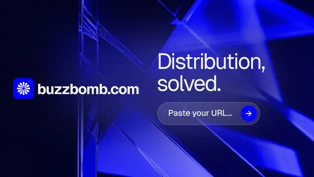 Landscape graphic for BuzzBomb: "Distribution, solved." Agentic glass style, logo hero layout, dark palette in black, blue.