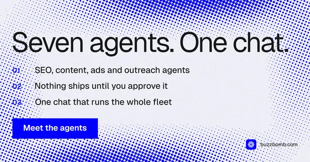 Social ad for BuzzBomb: "Seven agents. One chat." Split block style, numbered layout, light palette in blue, white.