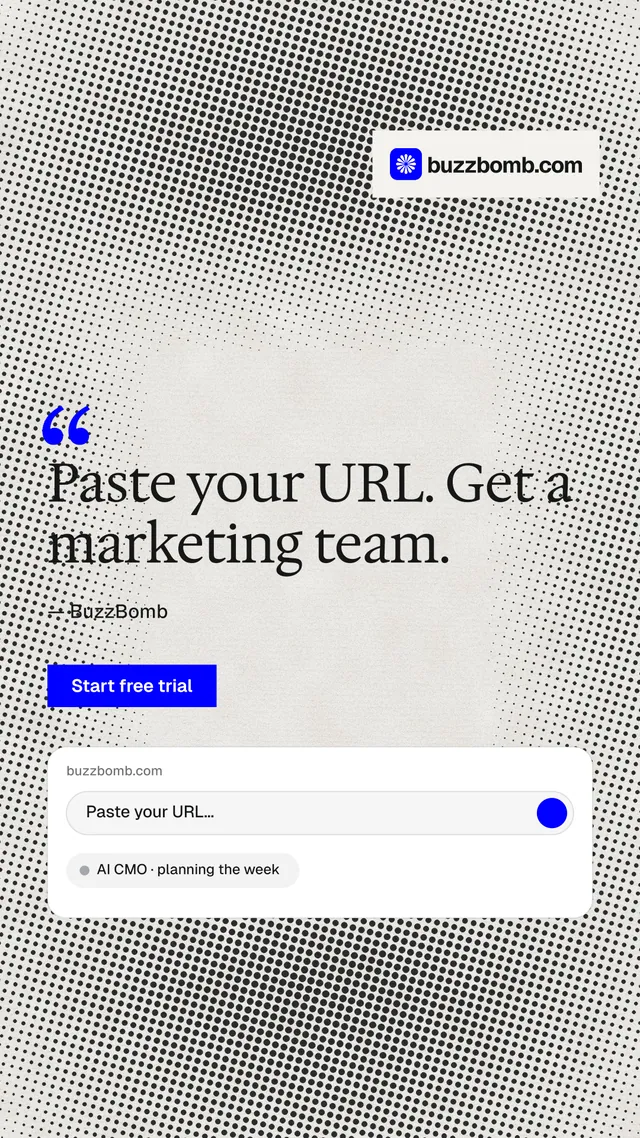 Instagram story for BuzzBomb: "Get a marketing team." Swiss style, quote layout, light palette in grey, white.