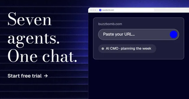 Social ad for BuzzBomb: "Seven agents. One chat." Minimal luxury style, browser layout, dark palette in blue, black, grey.