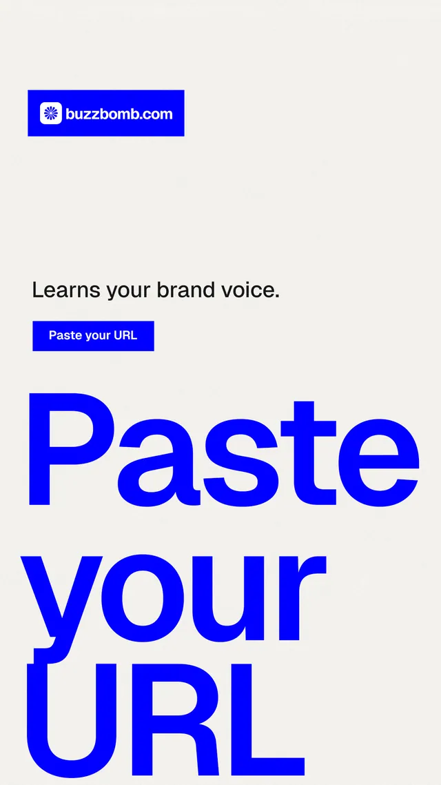 Instagram story for BuzzBomb: "Get a marketing team." Swiss style, oversized layout, light palette in white, blue.