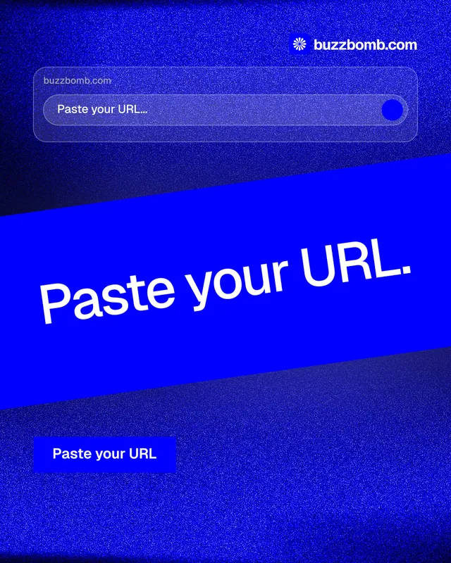 Instagram portrait post for BuzzBomb: "Paste your URL." Swiss style, diagonal layout, dark palette in blue.