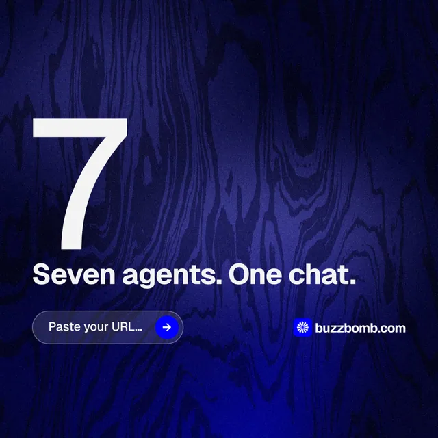 Instagram post for BuzzBomb: "Seven agents. One chat." Agentic glass style, stat layout, dark palette in blue, black.