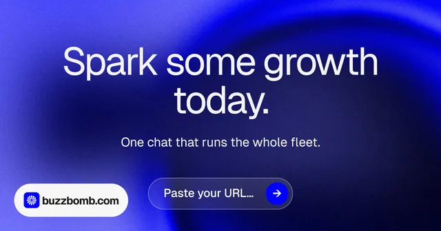 Social ad for BuzzBomb: "Spark some growth today." Agentic glass style, centred layout, dark palette in blue.