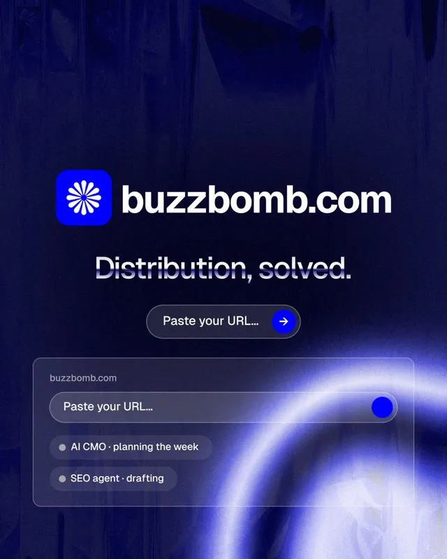 Instagram portrait post for BuzzBomb: "Distribution, solved." Agentic glass style, logo hero layout, dark palette in blue, black.