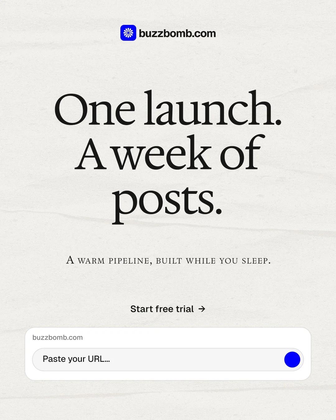 Instagram portrait post for BuzzBomb: "One launch. A week of posts." Swiss style, smallcaps layout, light palette in white, grey.