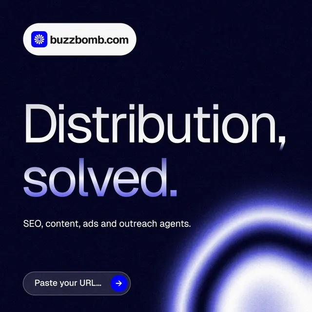 Instagram post for BuzzBomb: "Distribution, solved." Agentic glass style, announce layout, dark palette in black, blue.