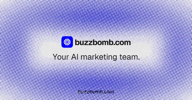 Social ad for BuzzBomb: "Your AI marketing team." Brutalist style, end card layout, light palette in blue, white.
