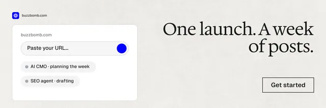 X header for BuzzBomb: "One launch. A week of posts." Editorial style, right layout, light palette in white.