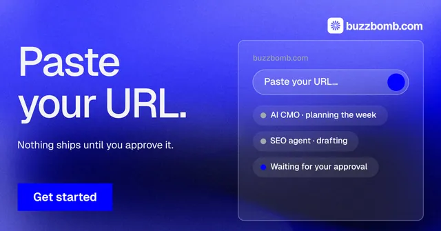 Social ad for BuzzBomb: "Paste your URL." Swiss style, bottom layout, dark palette in blue.