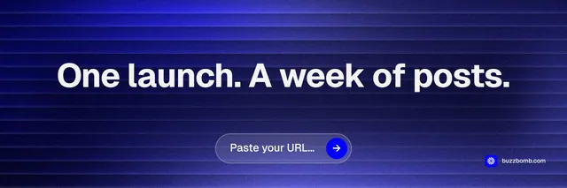 X header for BuzzBomb: "One launch. A week of posts." Agentic glass style, centred layout, dark palette in blue.