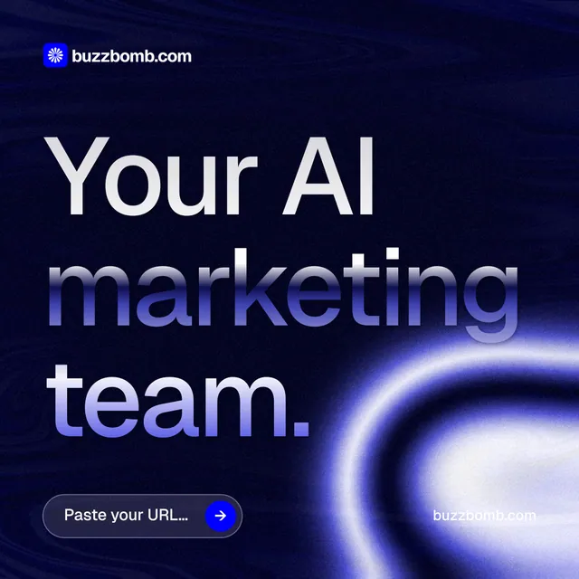 Instagram post for BuzzBomb: "Your AI marketing team." Agentic glass style, poster layout, dark palette in black, blue.