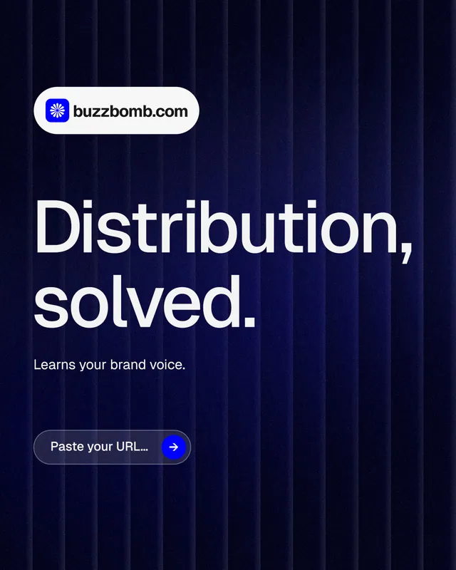 Instagram portrait post for BuzzBomb: "Distribution, solved." Agentic glass style, announce layout, dark palette in black, blue, grey.