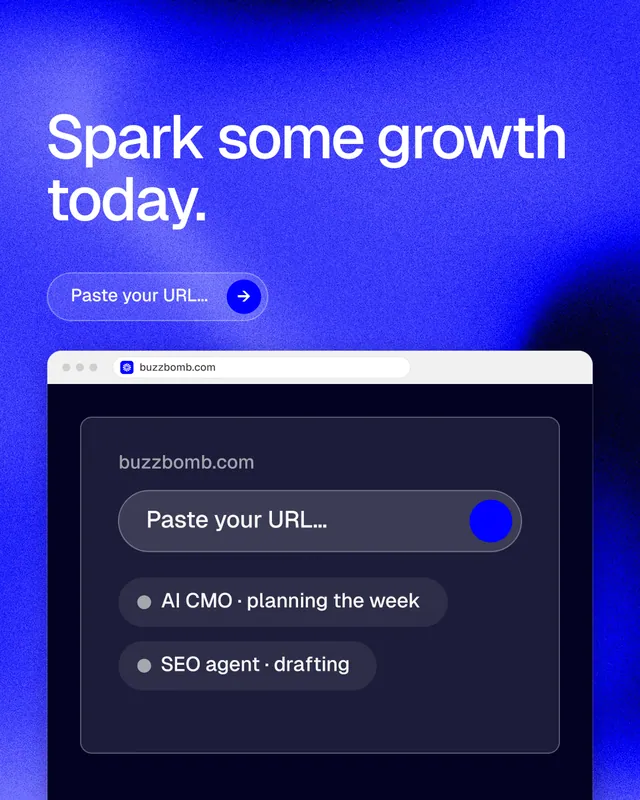Instagram portrait post for BuzzBomb: "Spark some growth today." Agentic glass style, browser layout, dark palette in blue, black.