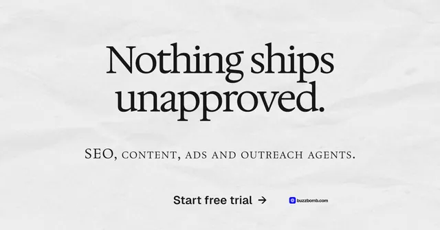 Social ad for BuzzBomb: "Nothing ships unapproved." Swiss style, smallcaps layout, light palette in white, grey.