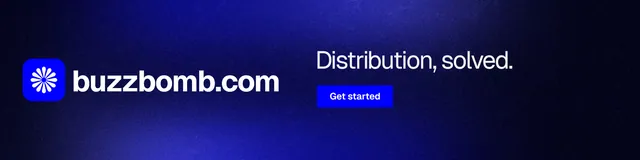 LinkedIn banner for BuzzBomb: "Distribution, solved." Swiss style, logo hero layout, dark palette in black, blue.