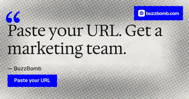 Social ad for BuzzBomb: "One launch. A week of posts." Swiss style, quote layout, light palette in grey, white, blue.