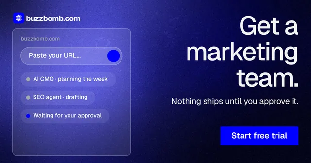 Social ad for BuzzBomb: "Get a marketing team." Swiss style, right layout, dark palette in black, blue.