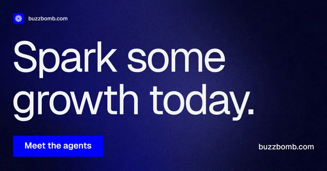 Social ad for BuzzBomb: "Spark some growth today." Swiss style, poster layout, dark palette in black, blue, grey.