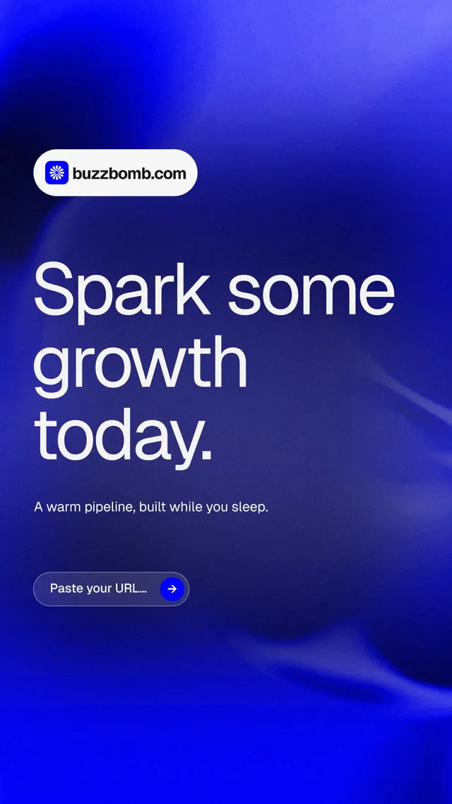 Instagram story for BuzzBomb: "Spark some growth today." Agentic glass style, announce layout, dark palette in blue.