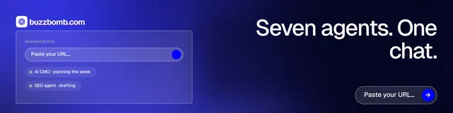 LinkedIn banner for BuzzBomb: "Seven agents. One chat." Agentic glass style, right layout, dark palette in black, blue.