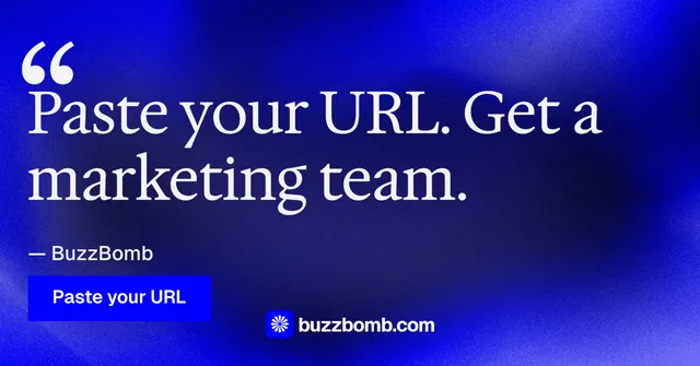 Social ad for BuzzBomb: "Paste your URL." Swiss style, quote layout, dark palette in blue.