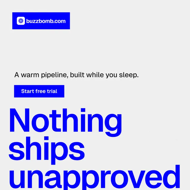 Instagram post for BuzzBomb: "Your AI marketing team." Swiss style, oversized layout, light palette in white, blue.