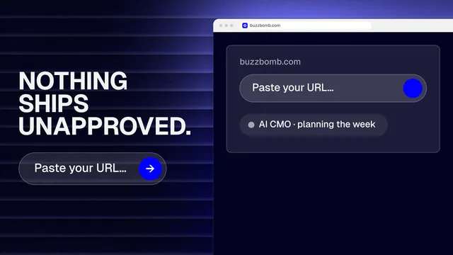 Landscape graphic for BuzzBomb: "Nothing ships unapproved." Agentic glass style, browser layout, dark palette in blue, black, grey.