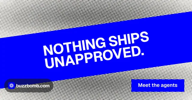 Social ad for BuzzBomb: "Nothing ships unapproved." Swiss style, diagonal layout, dark palette in blue, grey.