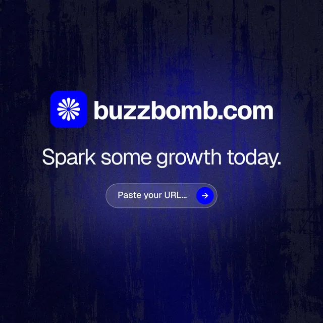 Instagram post for BuzzBomb: "Spark some growth today." Agentic glass style, logo hero layout, dark palette in black, blue.