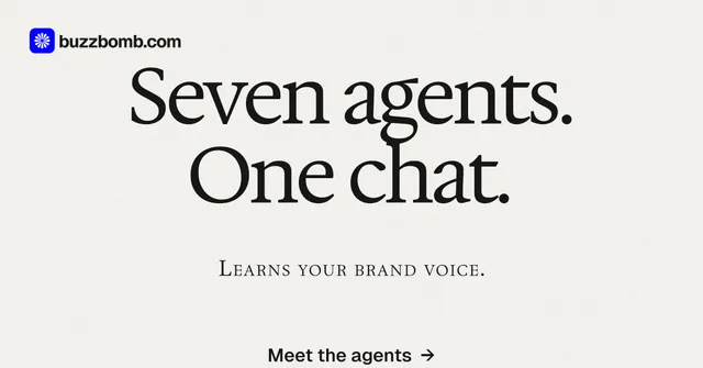 Social ad for BuzzBomb: "Seven agents. One chat." Swiss style, smallcaps layout, light palette in white.