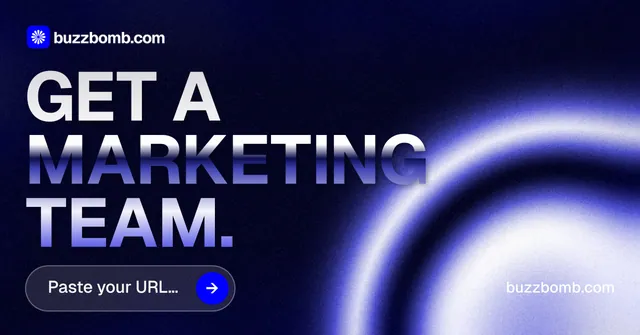 Social ad for BuzzBomb: "Get a marketing team." Agentic glass style, poster layout, dark palette in blue, black.