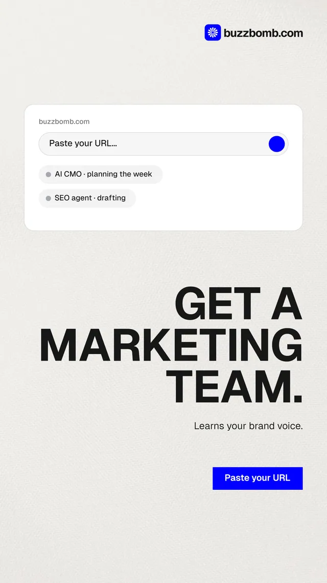 Instagram story for BuzzBomb: "Get a marketing team." Swiss style, right layout, light palette in white, grey.