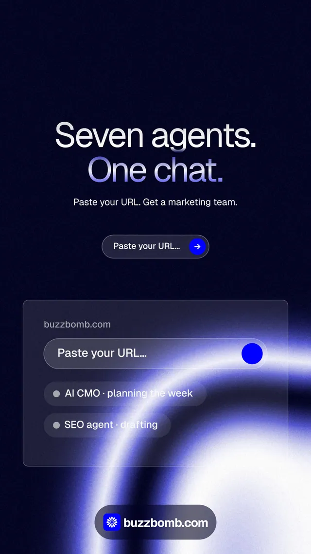 Instagram story for BuzzBomb: "Seven agents. One chat." Agentic glass style, centred layout, dark palette in black, blue.