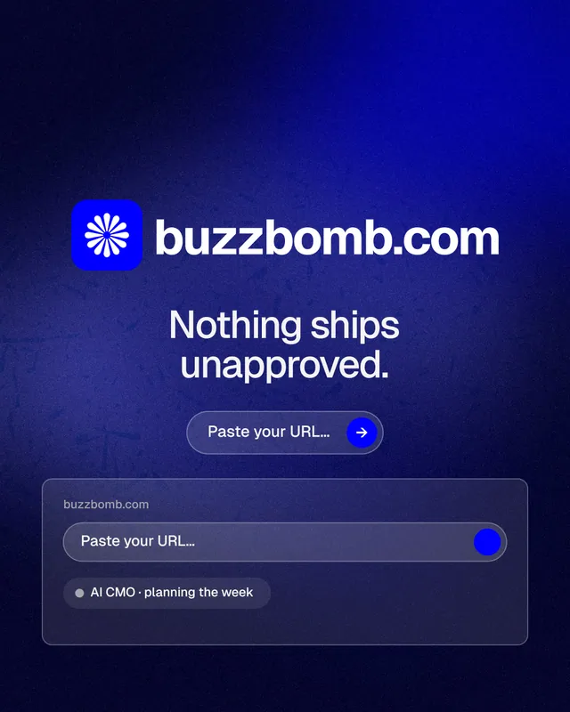 Instagram portrait post for BuzzBomb: "Nothing ships unapproved." Agentic glass style, logo hero layout, dark palette in black, blue.