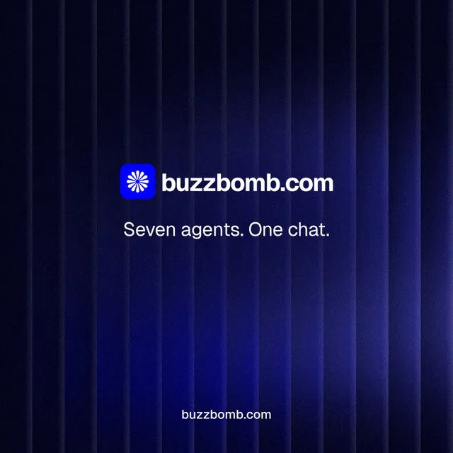 Instagram post for BuzzBomb: "Seven agents. One chat." Agentic glass style, end card layout, dark palette in black, blue.