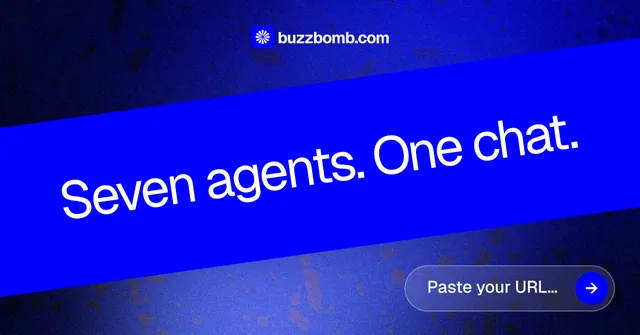 Social ad for BuzzBomb: "Seven agents. One chat." Agentic glass style, diagonal layout, dark palette in blue.
