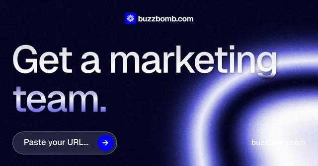 Social ad for BuzzBomb: "Get a marketing team." Agentic glass style, poster layout, dark palette in black, blue.