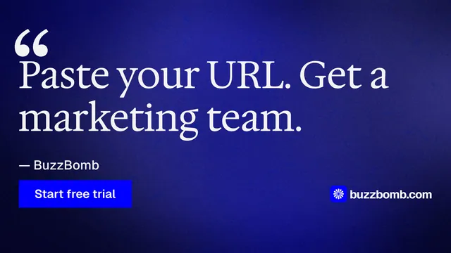 Landscape graphic for BuzzBomb: "Paste your URL." Swiss style, quote layout, dark palette in blue.