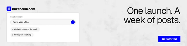 LinkedIn banner for BuzzBomb: "One launch. A week of posts." Swiss style, right layout, light palette in white, blue.