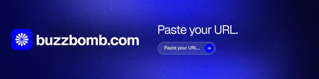 LinkedIn banner for BuzzBomb: "Paste your URL." Agentic glass style, logo hero layout, dark palette in blue.