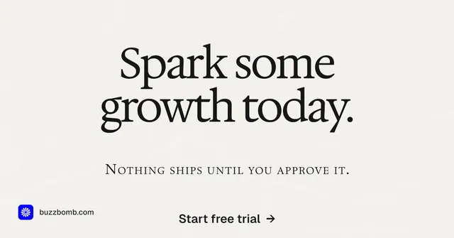 Social ad for BuzzBomb: "Spark some growth today." Swiss style, smallcaps layout, light palette in white, grey.