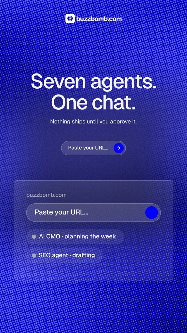 Instagram story for BuzzBomb: "Seven agents. One chat." Agentic glass style, centred layout, dark palette in blue.
